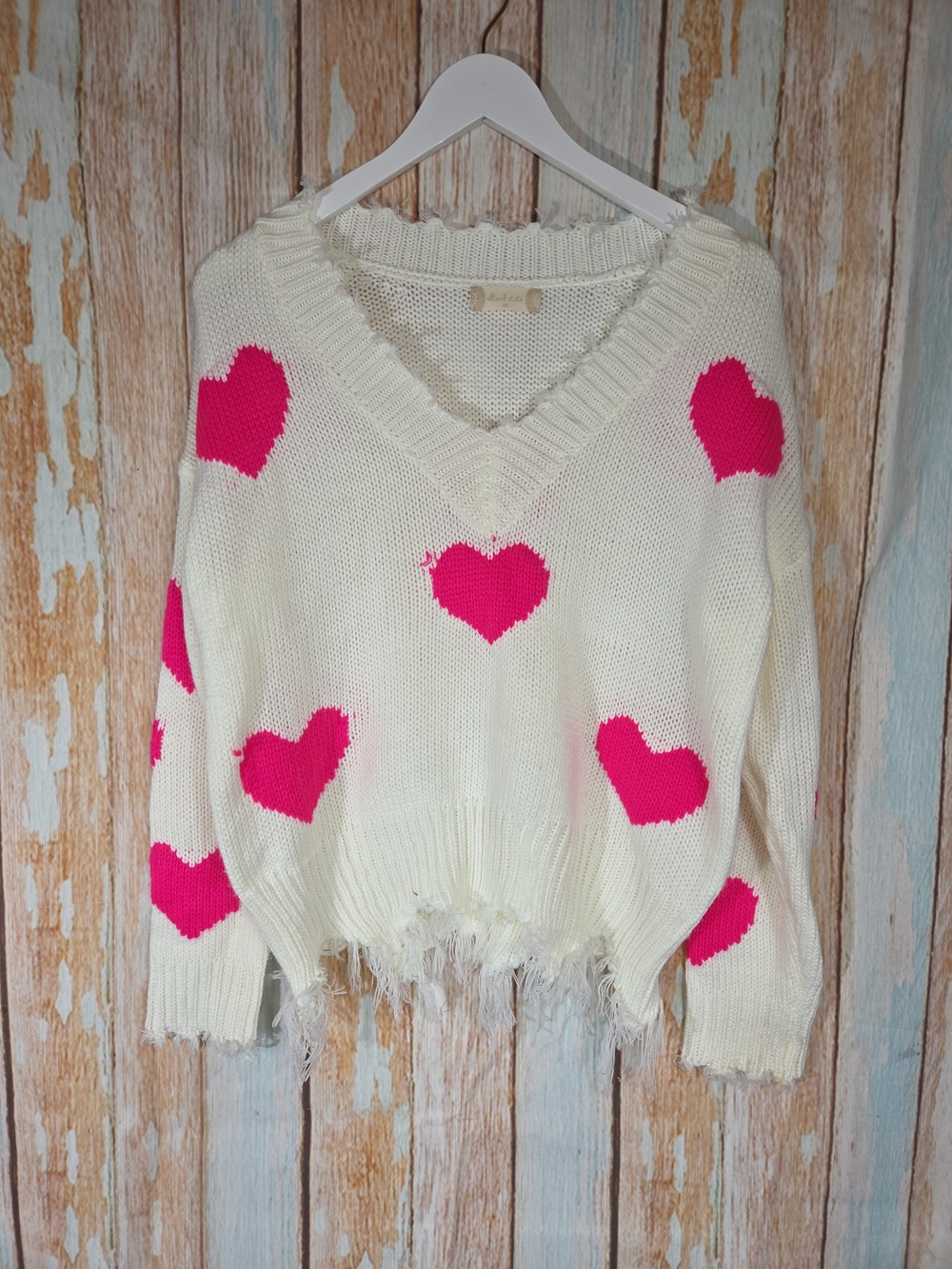 Altar'd State Cream V-Neck Sweater with Hot Pink Hearts